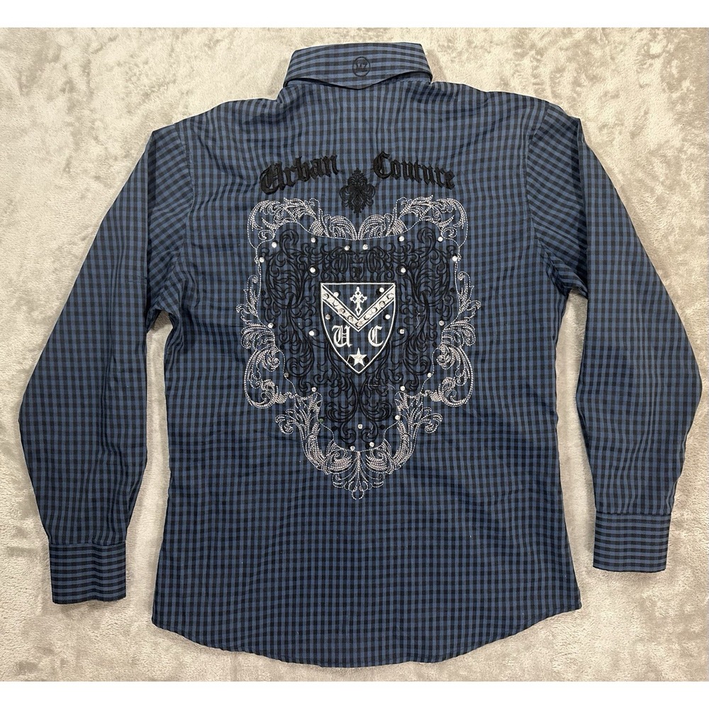 MZUSA Shirt Mens S Blue Urban Couture Y2K Grunge‎ Streetwear Embroidered Graphic